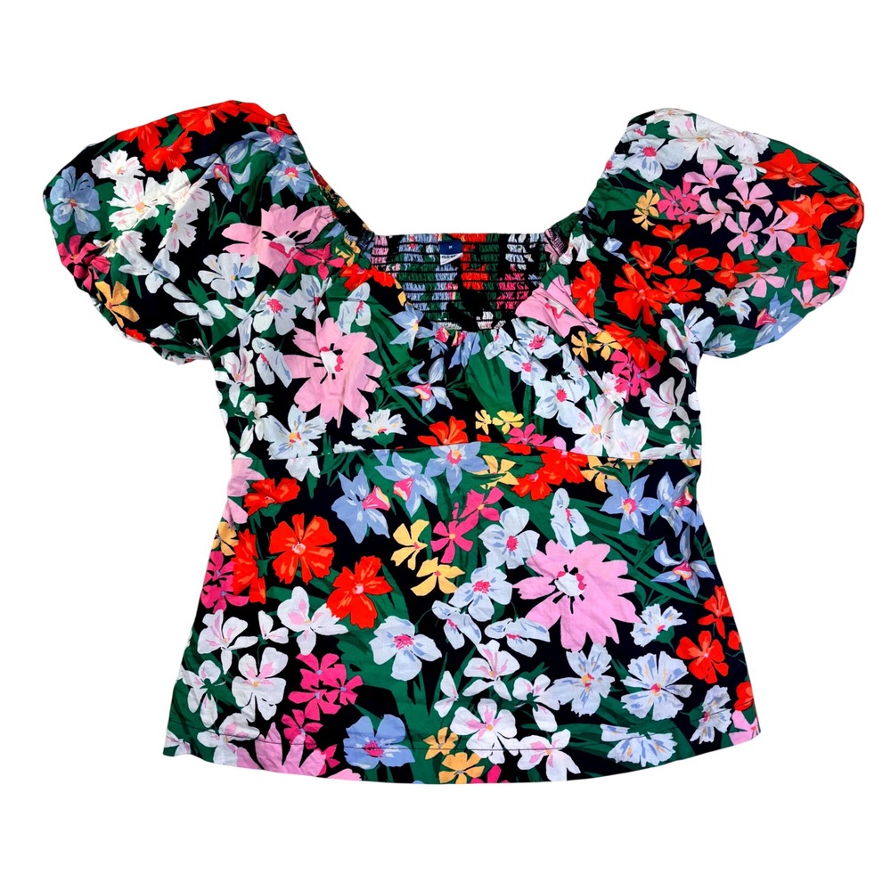 Old Navy Floral Puff Sleeve Smocked Back Square Neck Top Navy Blue Multi Medium